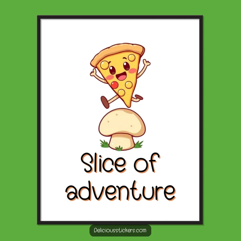 Funny Pizza Leap Digital Print: Cheerful Slice Jumps Over Mushroom, Instant Joy!