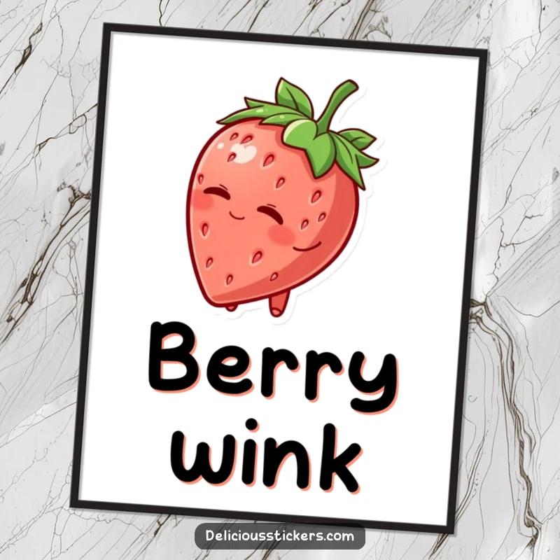 Funny Digital Art Print: A charming strawberry character tipping its leafy hat and winking, bringing playful sweetness to any space.