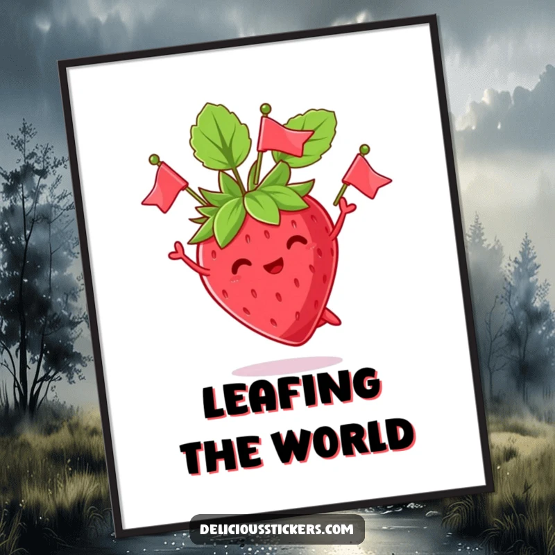Funny digital art print of a jubilant strawberry character juggling its leaves like tiny flags, radiating pure, whimsical fun for your walls.
