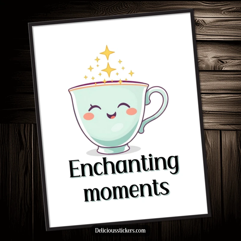 Funny Teacup Digital Art Print of a winking teacup character pouring sparkles, enchanting and whimsical.