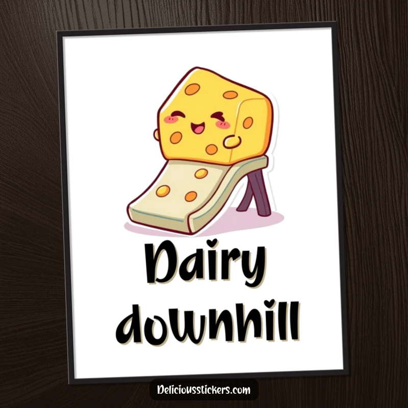 Funny winking cheese digital art print, a slice of cheese slides down a slide with a wink, bringing instant cheesy fun.