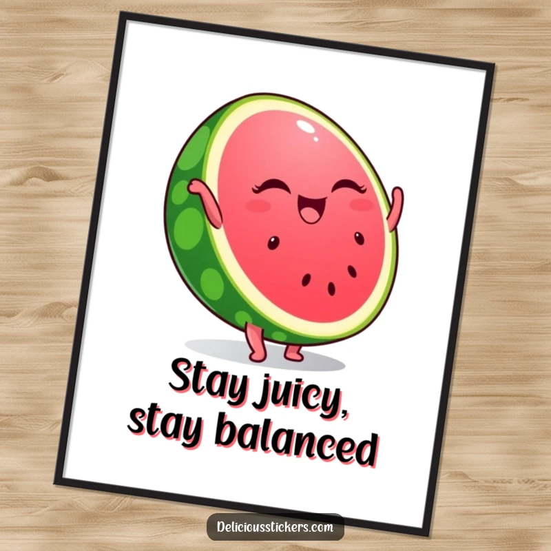 Funny digital art print of a winking watermelon slice performing a handstand, bringing a lively, playful, and refreshing summer vibe.