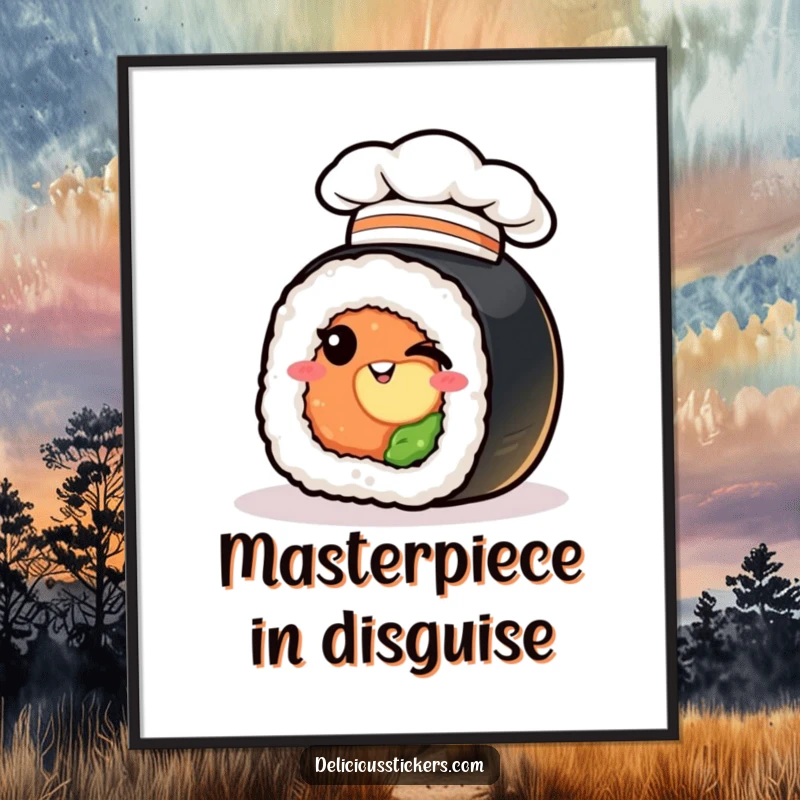 Funny sushi roll digital art, winking in a chef hat, instant humorous culinary decor for walls.