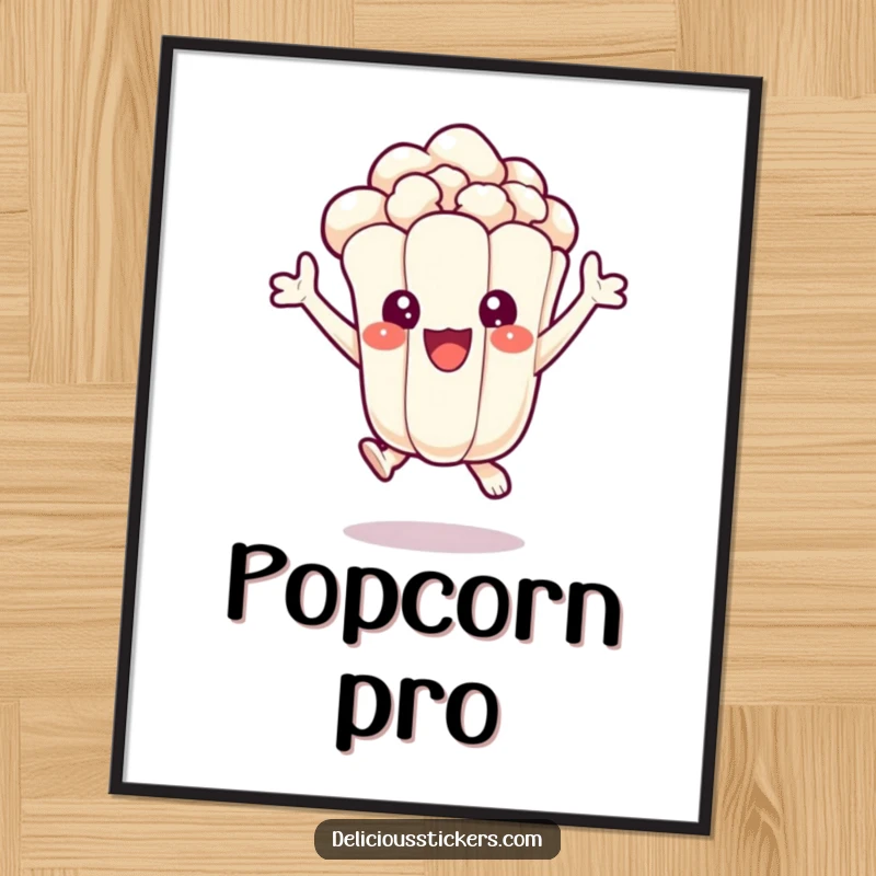 Funny digital art print of a delighted popcorn kernel character jumping with excitement, perfect for adding a pop of joy to decor.