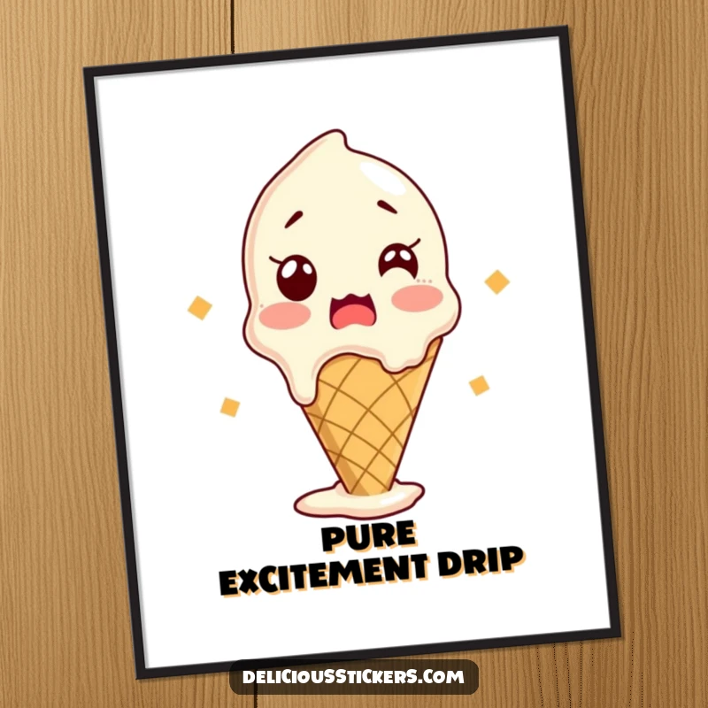 Funny digital art print of a shocked ice cream cone melting slightly, offering instant sweet humor for your walls.