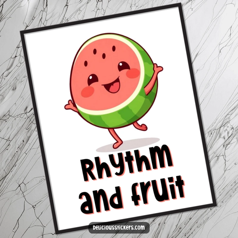 Funny grinning watermelon slice digital art print, the fruit dances with a wide smile, bringing instant summer joy to your screen.