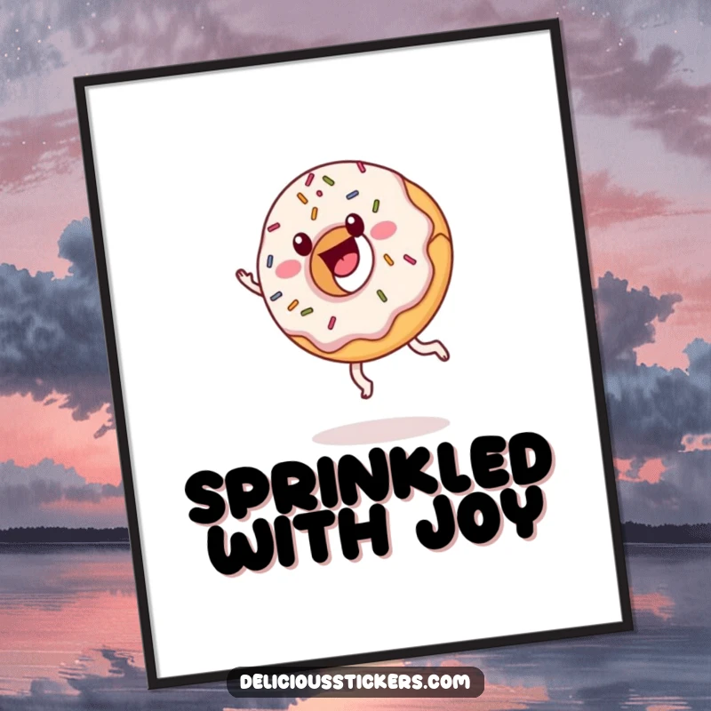 Funny donut digital art with sprinkles cartwheeling, cartoon celebration, instant humorous sweet decor for walls.