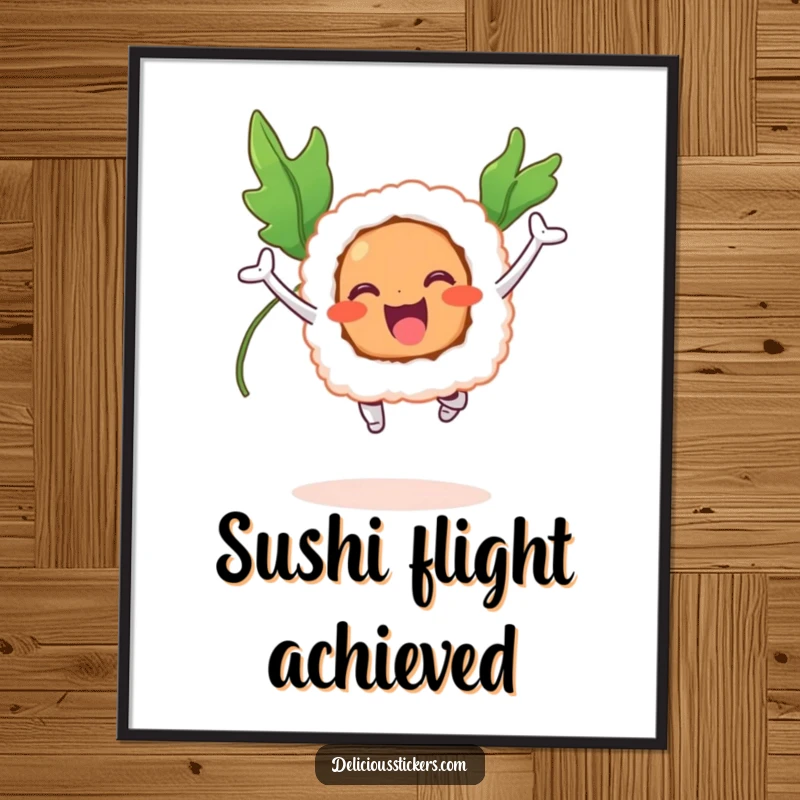 Funny digital art print of a smiling sushi roll joyfully jumping with seaweed wings.