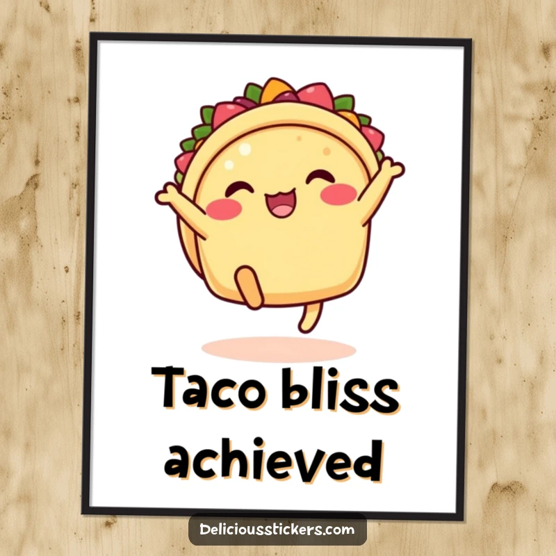 Funny taco digital art with legs kicking, cartoon celebration, instant humorous festive decor for walls.