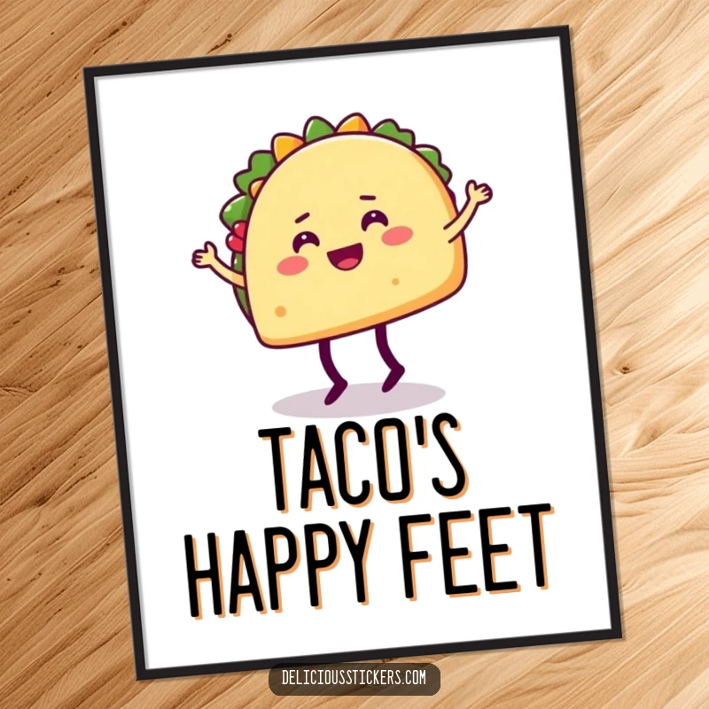 Funny digital art print of a happy taco character doing a silly dance move with legs, perfect for immediate decor.