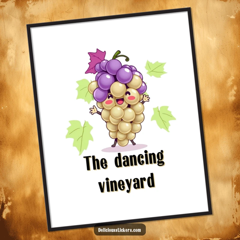 Funny grape bunch digital art print of the character dancing playfully, ready to be printed for instant humorous wall decor.