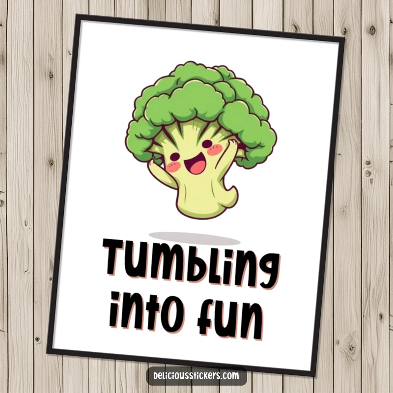 Funny Digital Art Print: Playful broccoli floret character doing a somersault, perfect for energetic and fun digital decor.