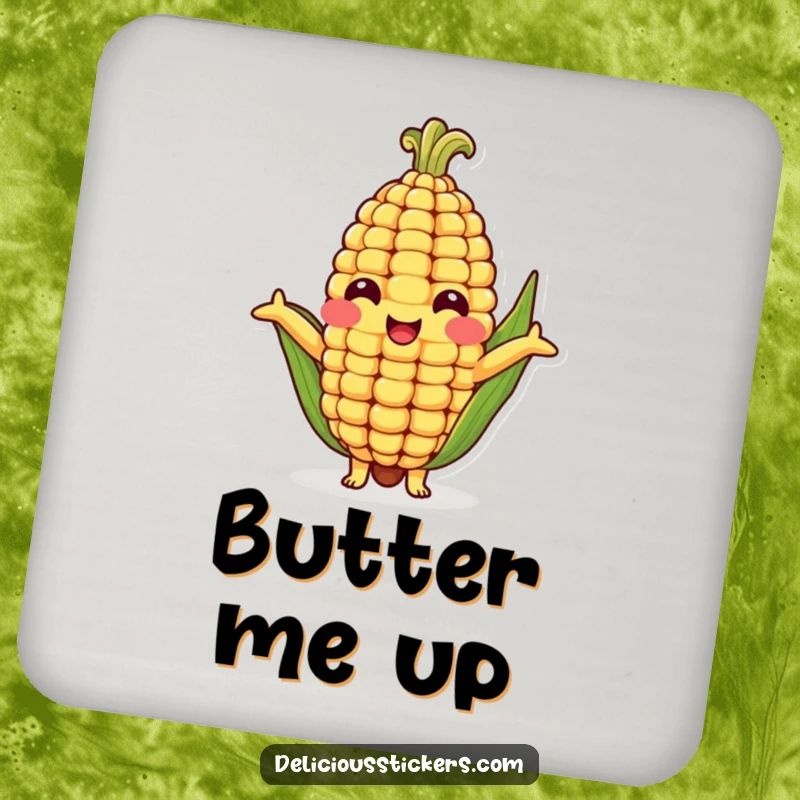 Funny drink coaster depicting a cheerful corn cob character offering a humorous hug, protecting surfaces from condensation.