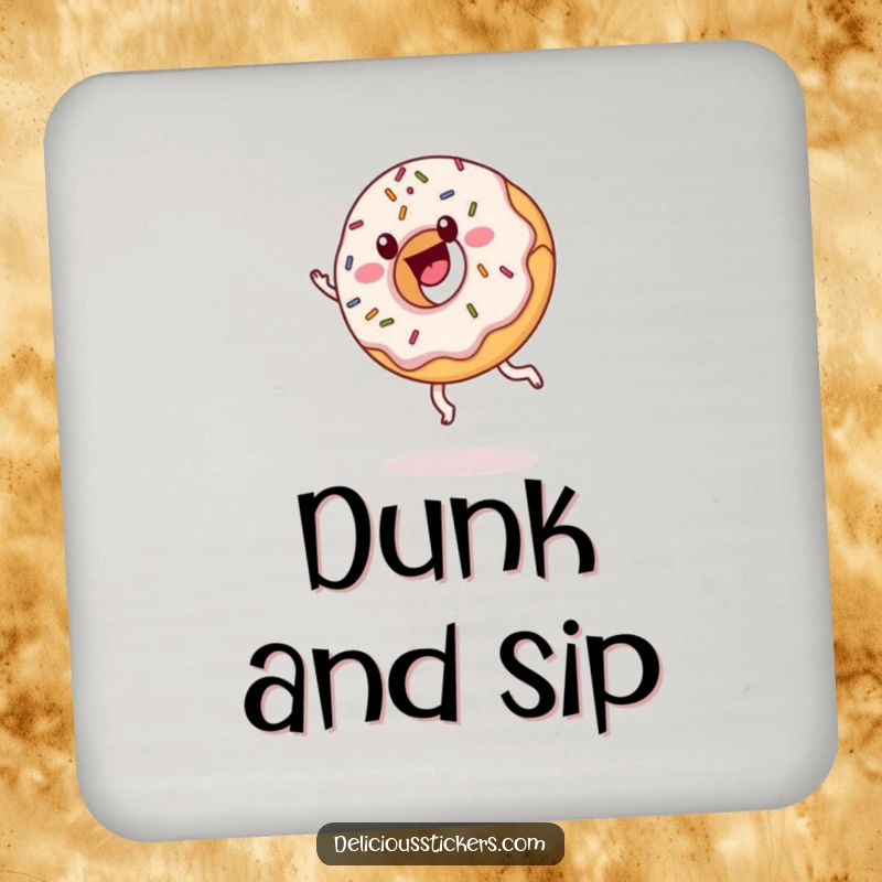 Funny donut coaster with sprinkles cartwheeling, cartoon tabletop accessory, a humorous and sweet decor item.
