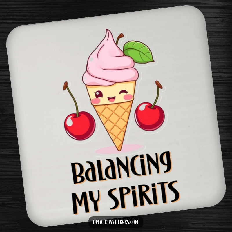 Funny ice cream cone balancing cherries, this coaster set protects surfaces with dessert humor, perfect funny gift.