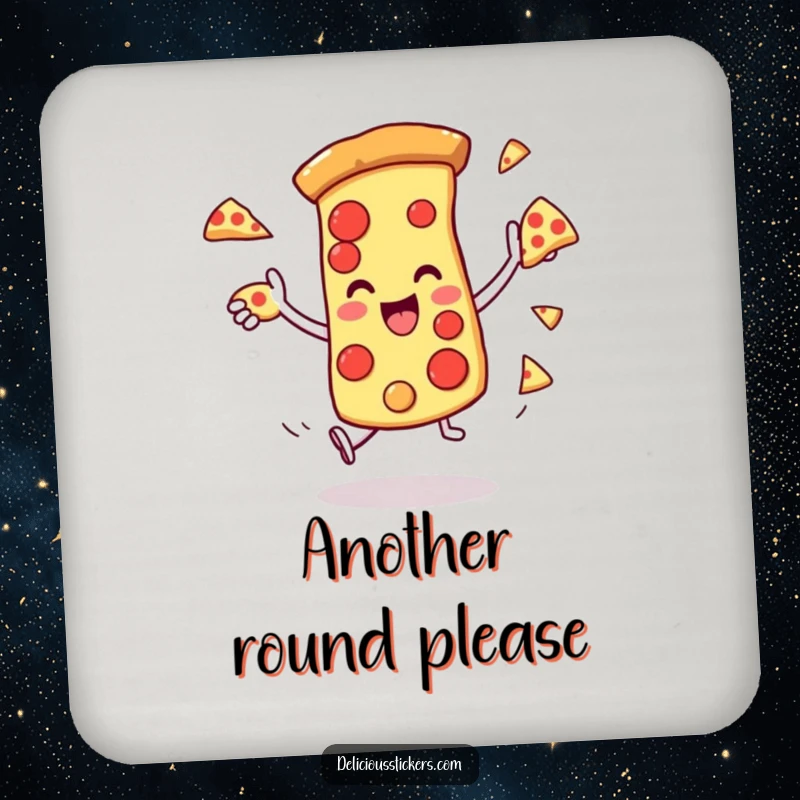 Funny drink coasters featuring a pizza slice juggling pieces of itself, adding a humorous touch to any drink.