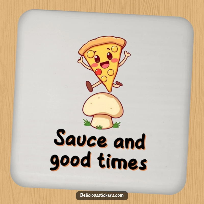 Funny Coaster: Cheerful pizza slice character mid-leap over a mushroom, adding cartoon flair and surface protection.