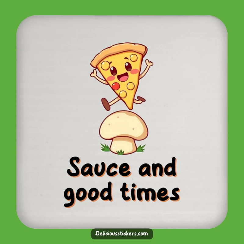 Funny Pizza Leap Coaster: Cheerful Slice Jumps Over Mushroom, Table Gift!