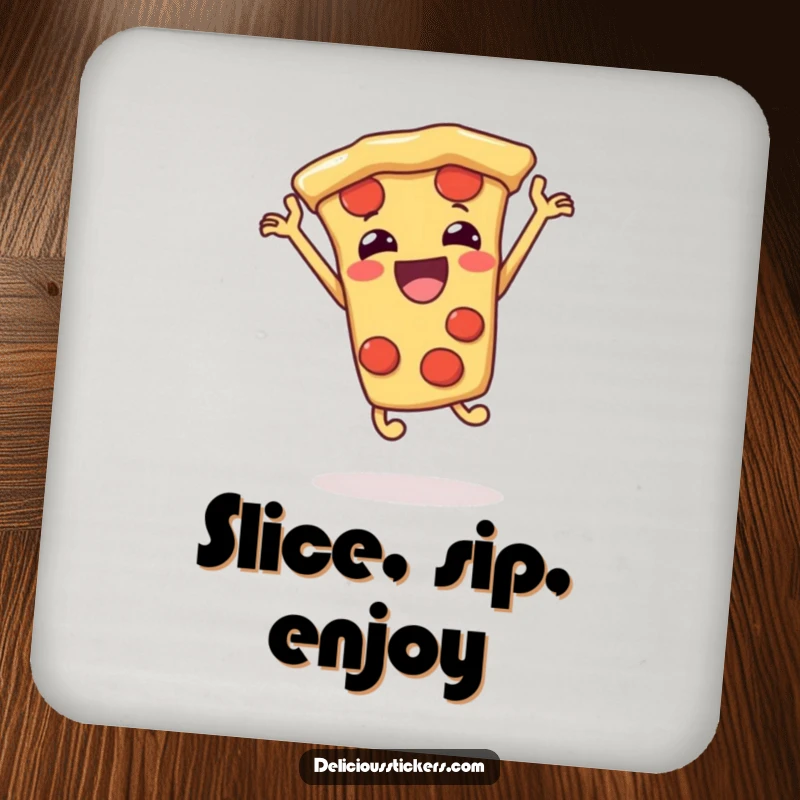Funny pizza slice coaster jumping, cartoon tabletop accessory, a humorous and functional decor item.