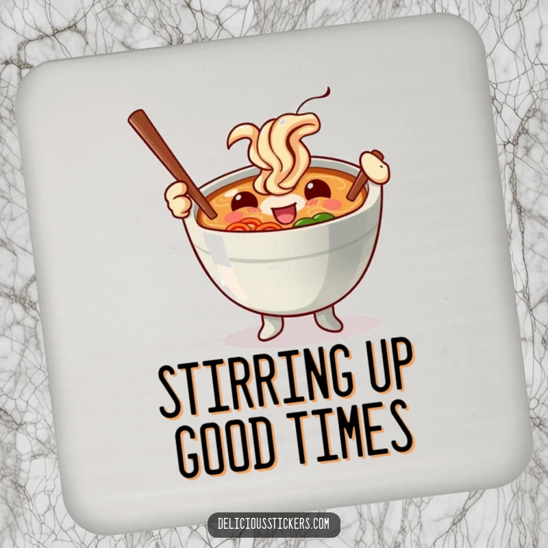 Funny drink coaster featuring a happy ramen bowl character twirling chopsticks like enthusiastic batons, adding a humorous touch to beverage placement.