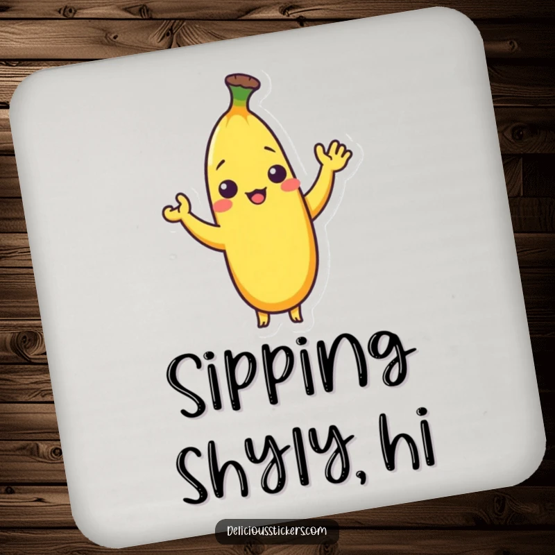 Funny drink coaster featuring a shy banana character giving a small, silly wave, protecting surfaces with charm.