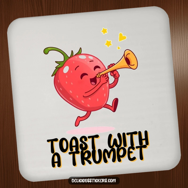 Funny drink coaster featuring a jumping strawberry playing a miniature trumpet, protecting surfaces with musical charm.