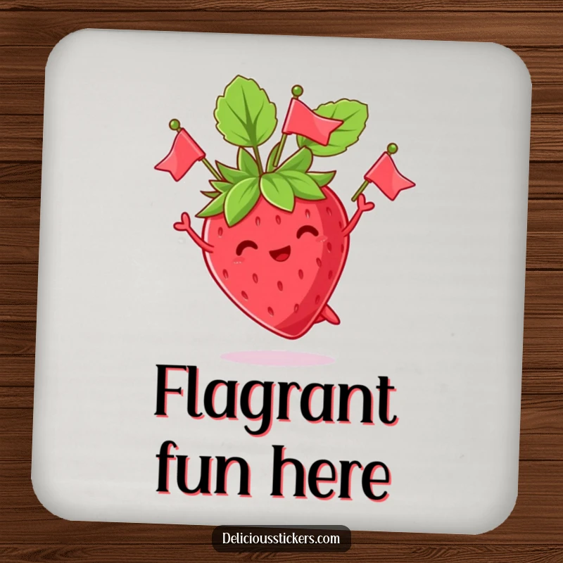 Funny coaster showcasing a happy strawberry character juggling its leaves like miniature flags, a delightful piece of functional art.