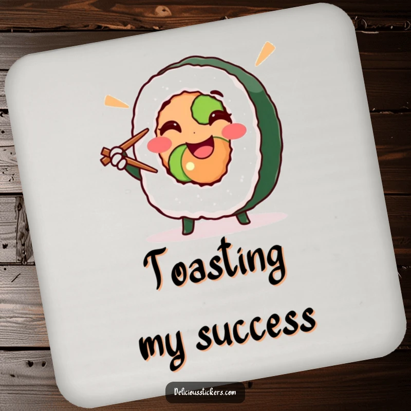 Funny sushi roll in a victory pose with chopsticks, this coaster set protects surfaces with food humor, perfect funny gift.