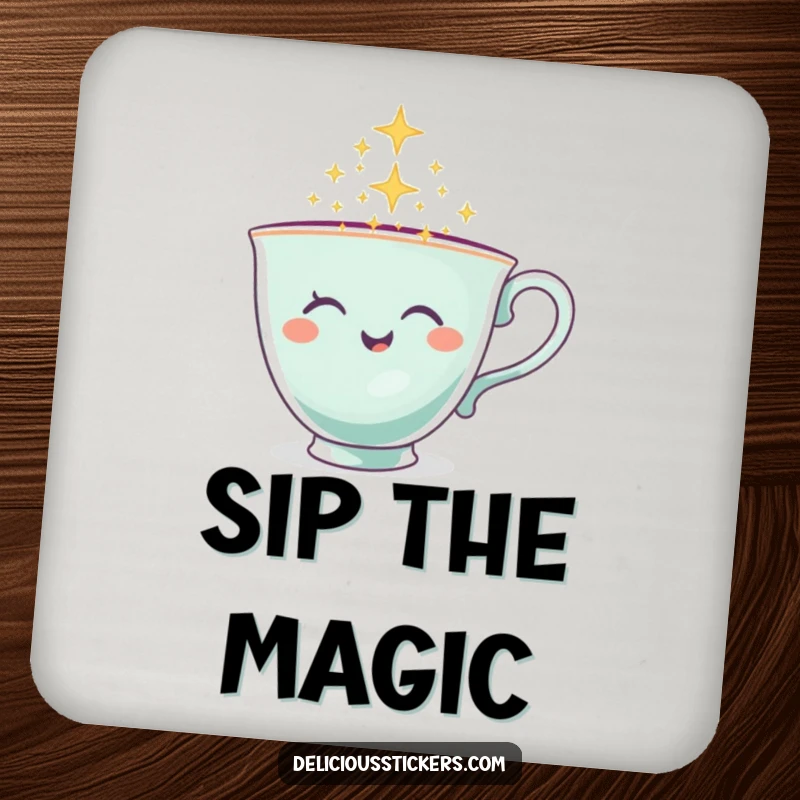 Funny Teacup Coaster showcasing a winking teacup character pouring sparkles, perfect for drink protection.