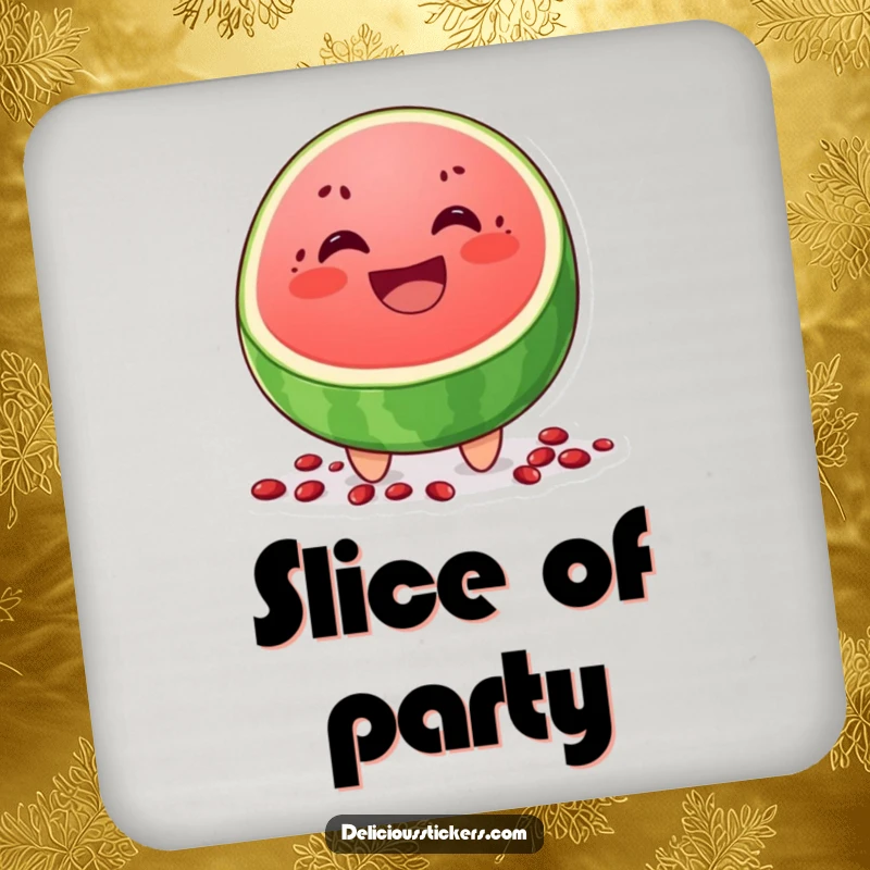 Funny drink coasters showcasing a grinning watermelon slice character with scattered seeds, adding a refreshing, humorous touch.