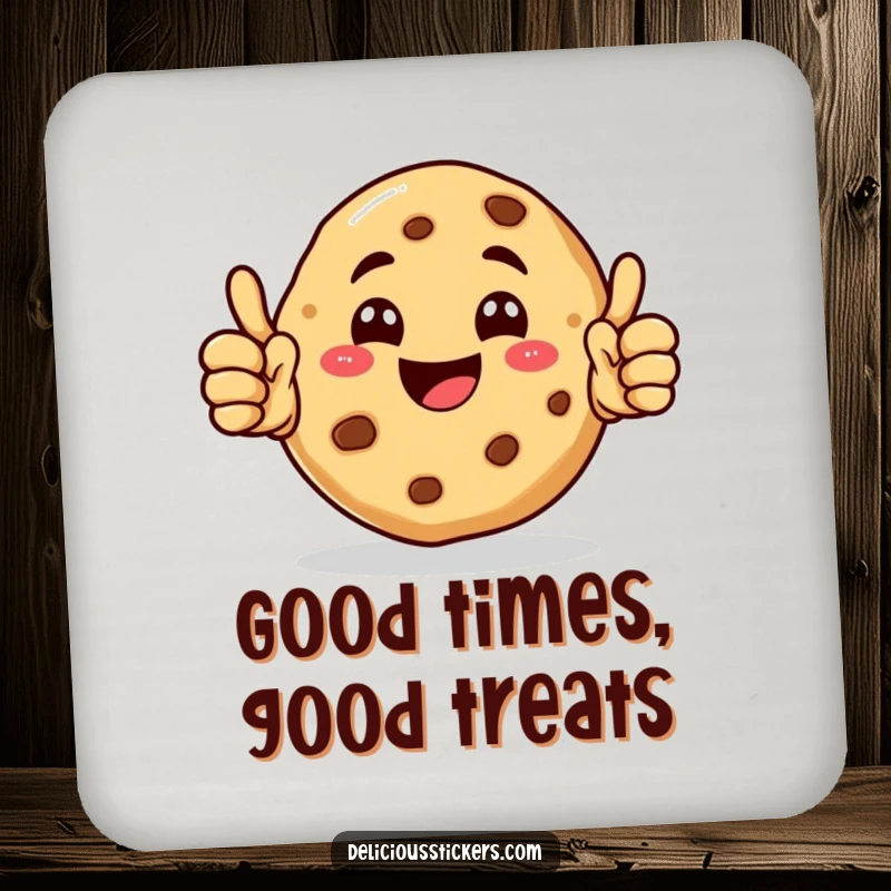 Funny Cookie Coaster showcasing a happy cookie character giving double thumbs up, perfect for drink protection.