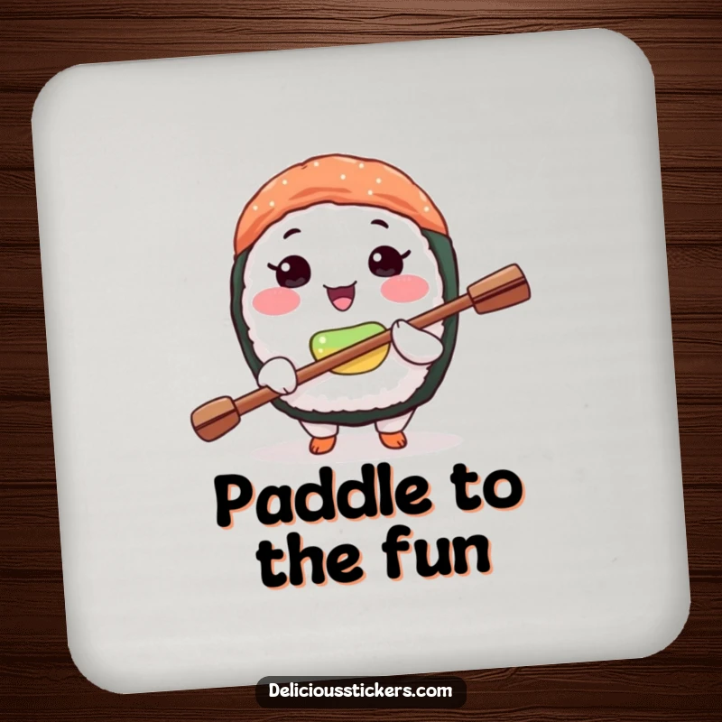 Funny sushi balance coaster showing a joyful sushi character balancing a tiny paddle on its nose, protecting surfaces.