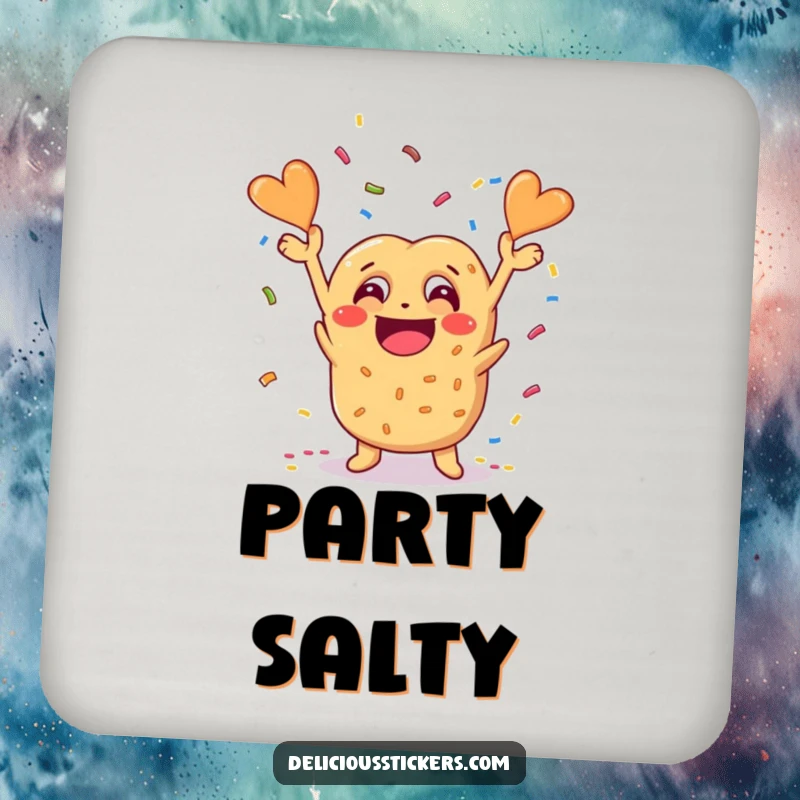 Funny pretzel character throwing confetti on a drink coaster, adding cheesy humor to protect surfaces.