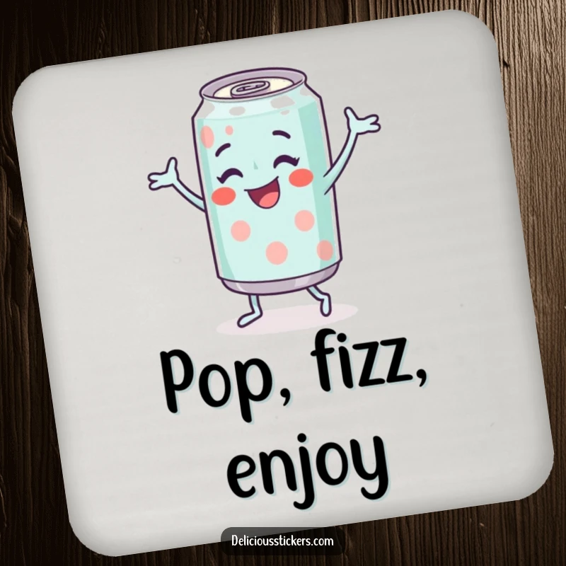 Funny Soda Can Coaster showcasing a cheerful soda can character doing a happy dance, perfect for drink protection.