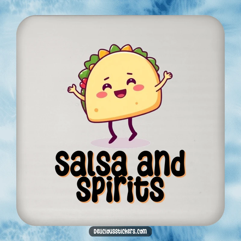 Funny coaster set showing a happy taco character doing a silly dance move with legs, perfect for party decor.