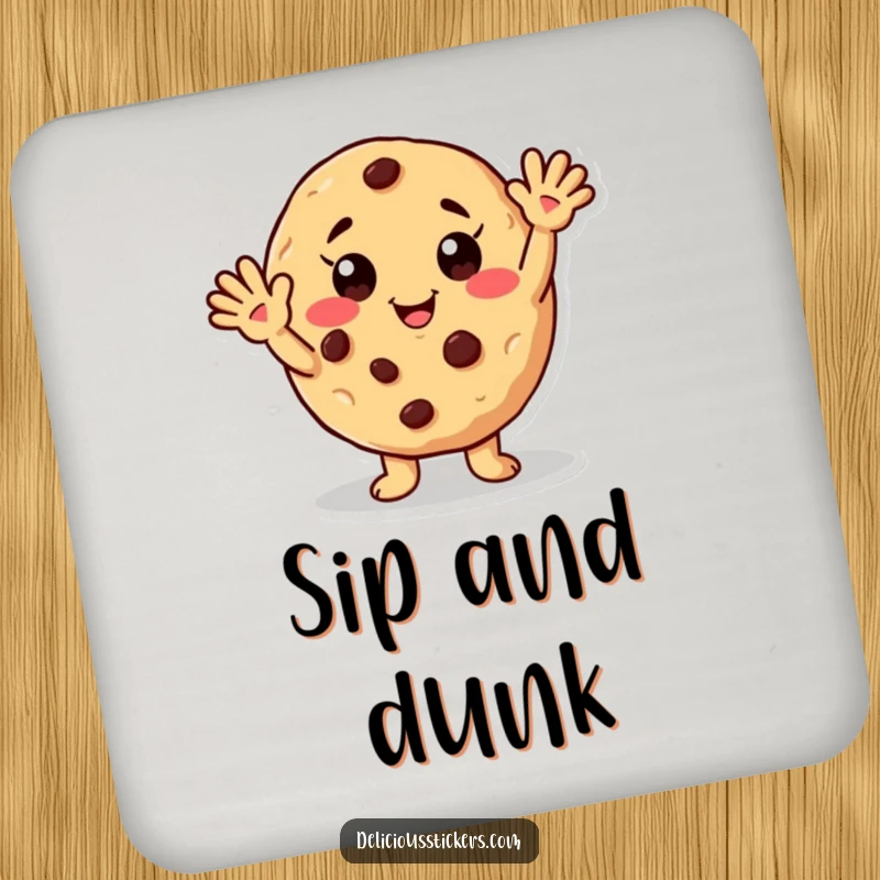 Funny coaster featuring a friendly waving cookie character with chocolate chip freckles, adding a touch of sweet humor to any table.