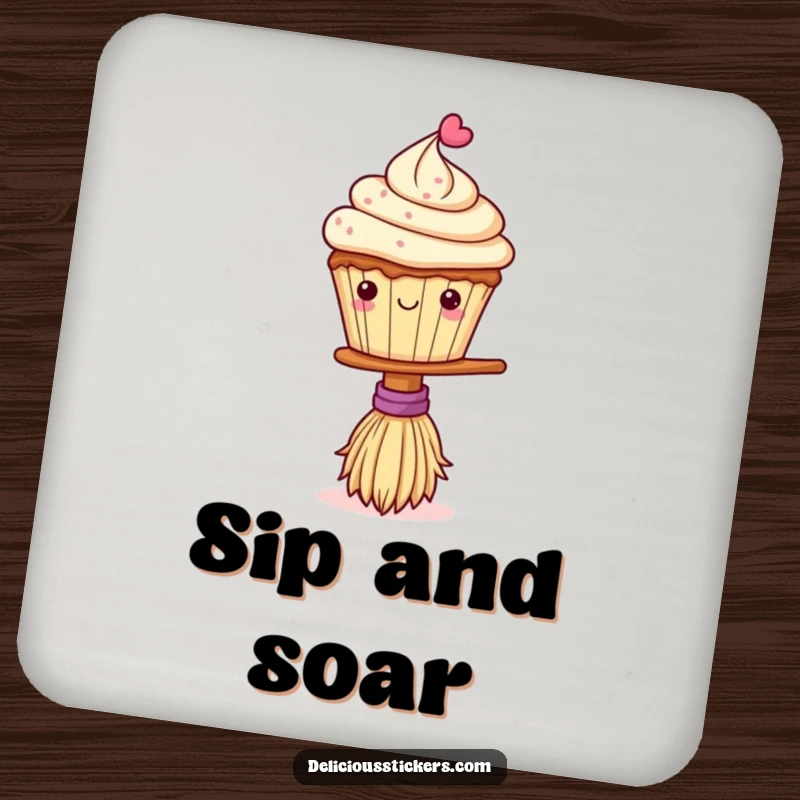 Funny coaster showcasing a cute cupcake balancing on a tiny broom, protecting tables with a whimsical and charming touch.