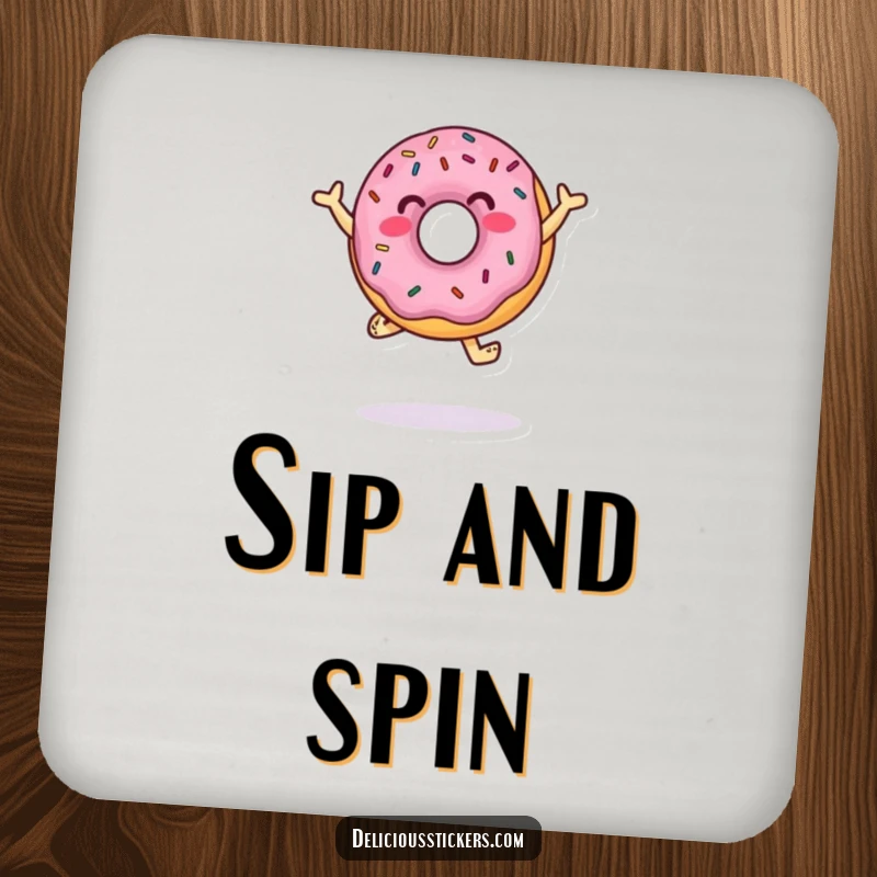 Funny Drink Coaster with a donut character dancing with sprinkles, adding a touch of sweet art to table settings.