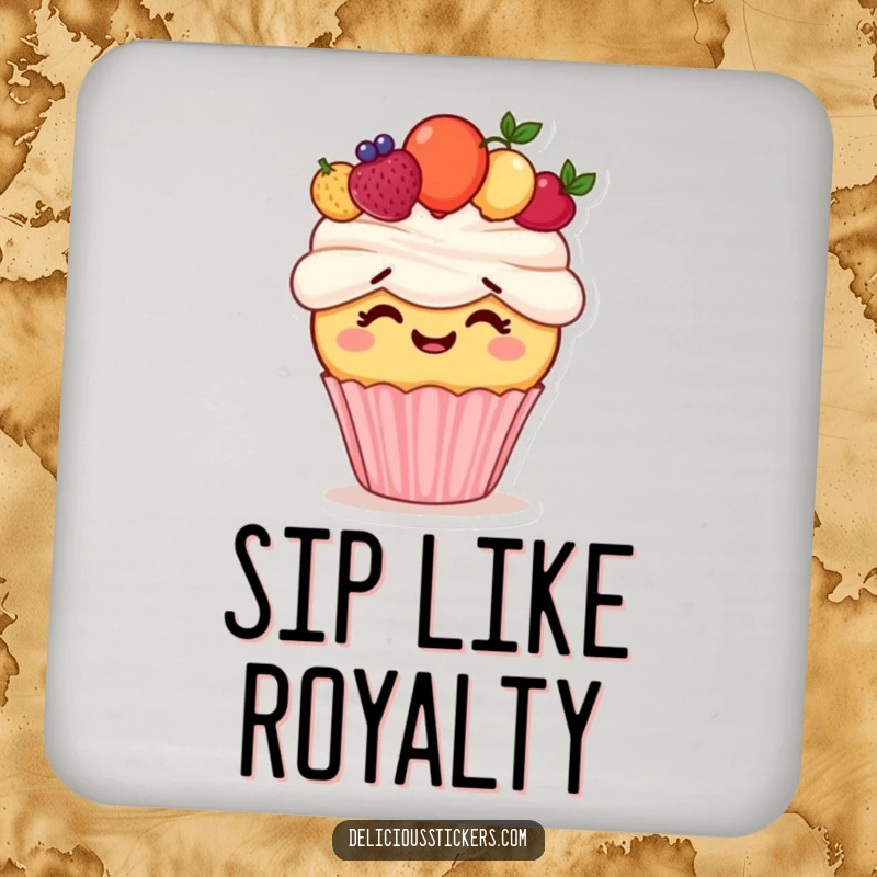 Funny coaster featuring a giggling cupcake character trying to wear a fruit crown, adding a touch of sweet humor to any table.