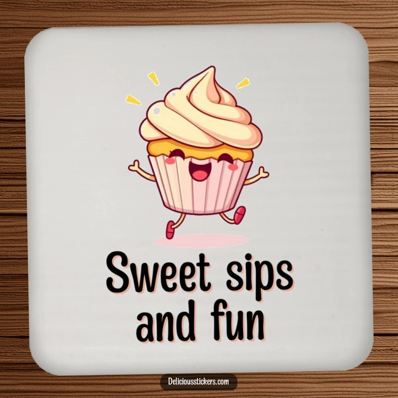 Funny Coaster: A beaming cupcake character doing a little hop, adding cartoon cheer and surface protection.