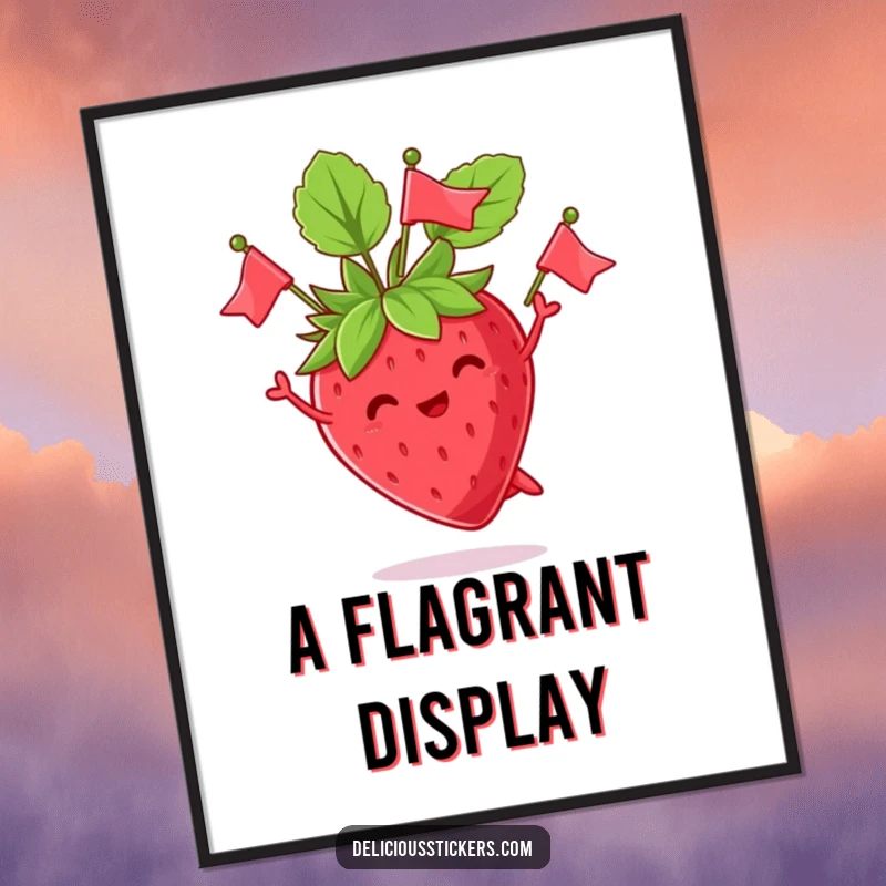 Funny poster showcasing a dynamic strawberry character expertly juggling its leaves like tiny, celebratory flags, bringing vibrant, humorous energy to wall decor.