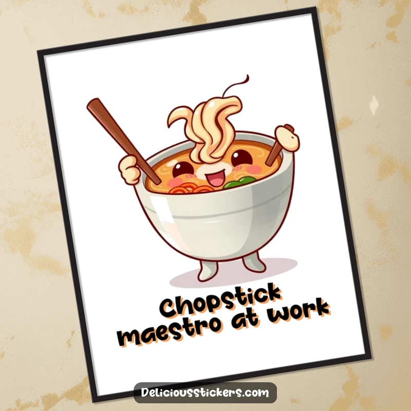 Funny poster of a cheerful ramen bowl character brandishing chopsticks like impressive batons, radiating pure dining delight and energy.