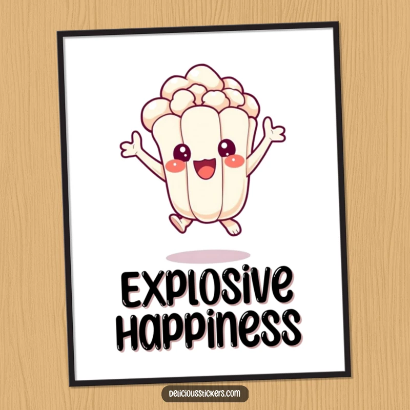 Funny poster of a cheerful popcorn kernel character jumping with pure delight, embodying the excitement of movie-watching.