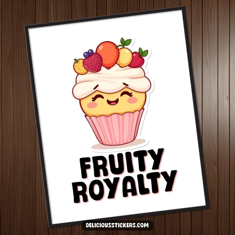 Funny poster of a giggling cupcake character trying to balance a colorful fruit crown, adding a humorous touch to decor.