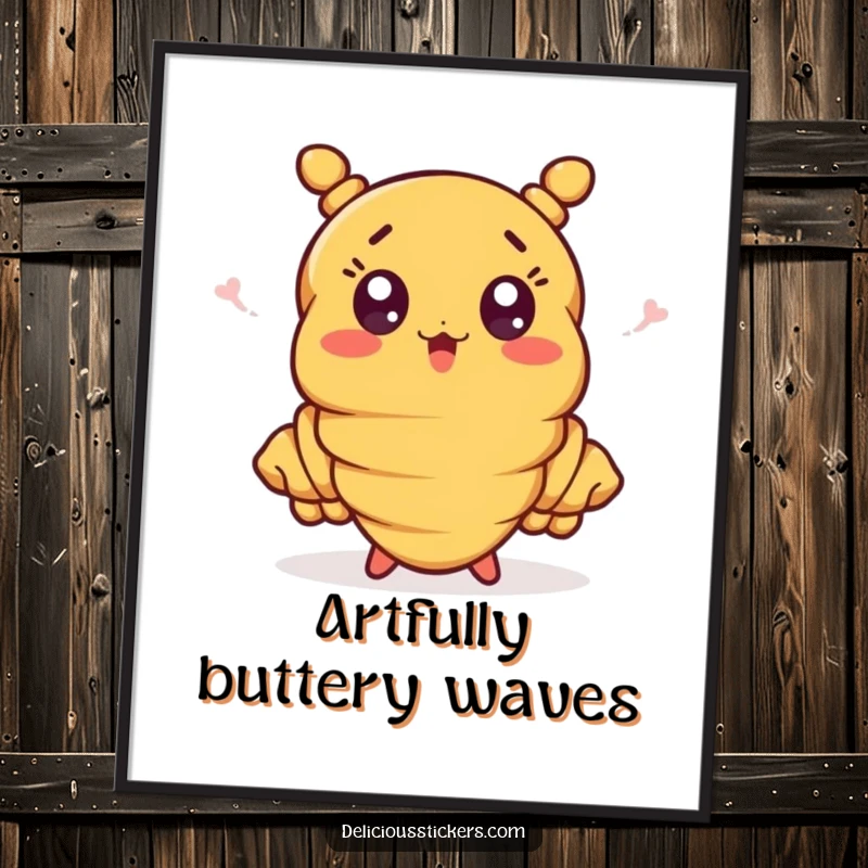 Funny croissant character with expressive waving ends on a poster, a surprised and cheerful wall decoration.