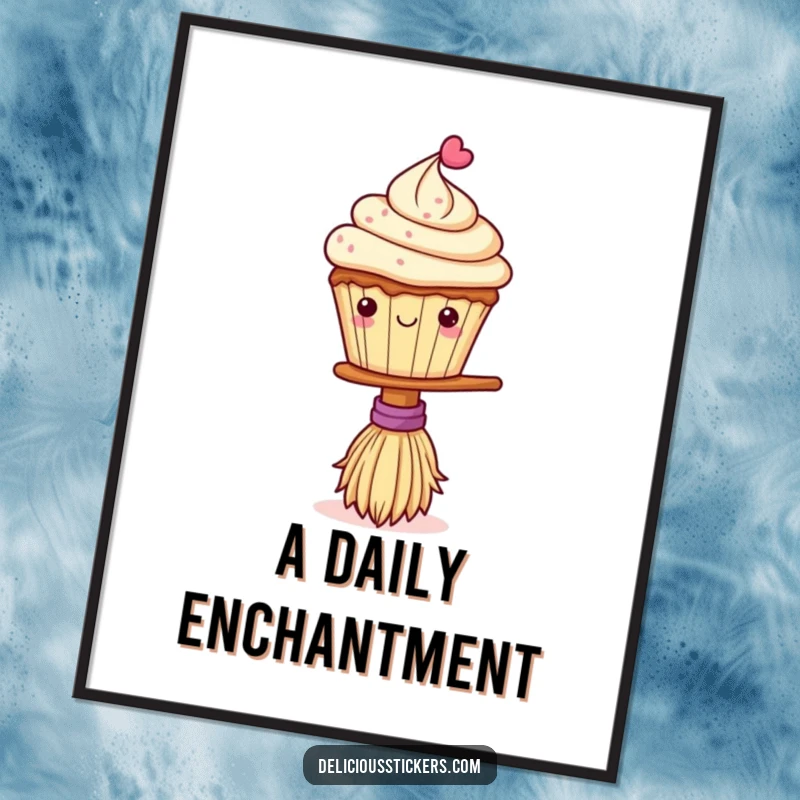 Funny poster art of a sweet cupcake balancing on a tiny witch's broom, bringing a whimsical and humorous vibe to wall decor.