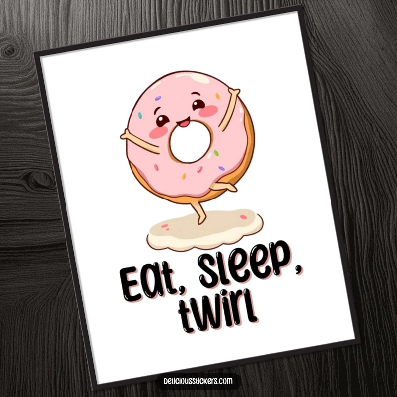 Funny poster depicting a joyful donut character performing a graceful ballet twirl on a creamy frosting background.