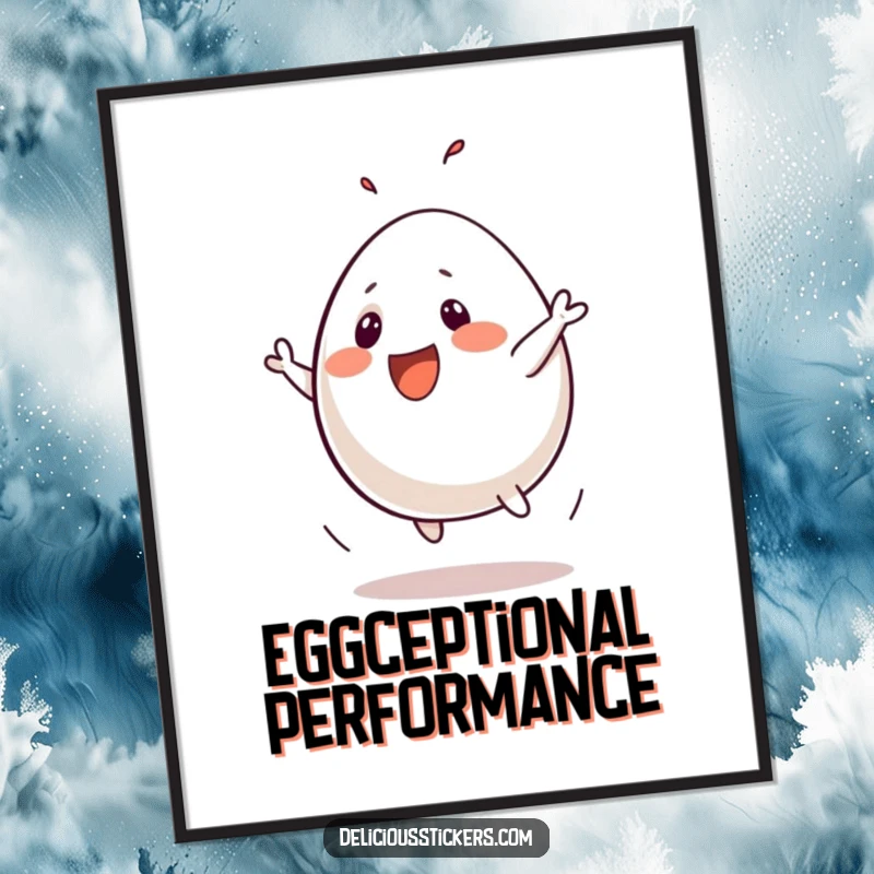 Funny poster of a cheerful anthropomorphic egg in mid-silly flip, radiating playful energy, perfect for breakfast-themed wall decor.