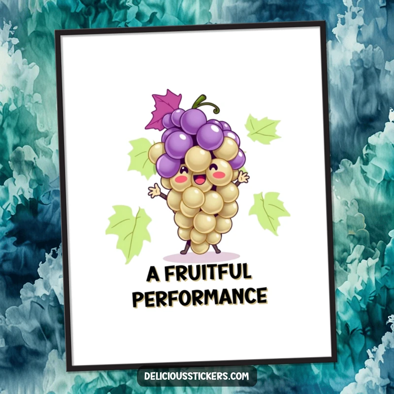 Funny grape bunch poster depicting the playful character dancing, bringing a burst of fruity humor to walls.