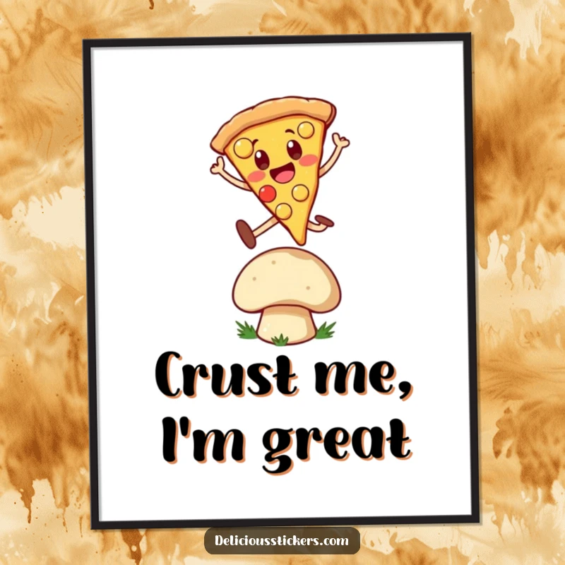 Funny Poster: Cheerful pizza slice character dynamically leaping over a mushroom, creating a vibrant and humorous cartoon scene for decor.